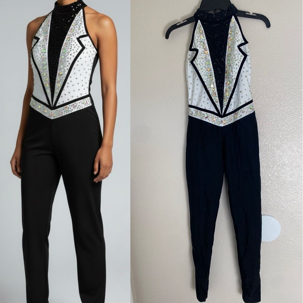 Glamour solo dance costume white black tux jumpsuit embellished LC-large child